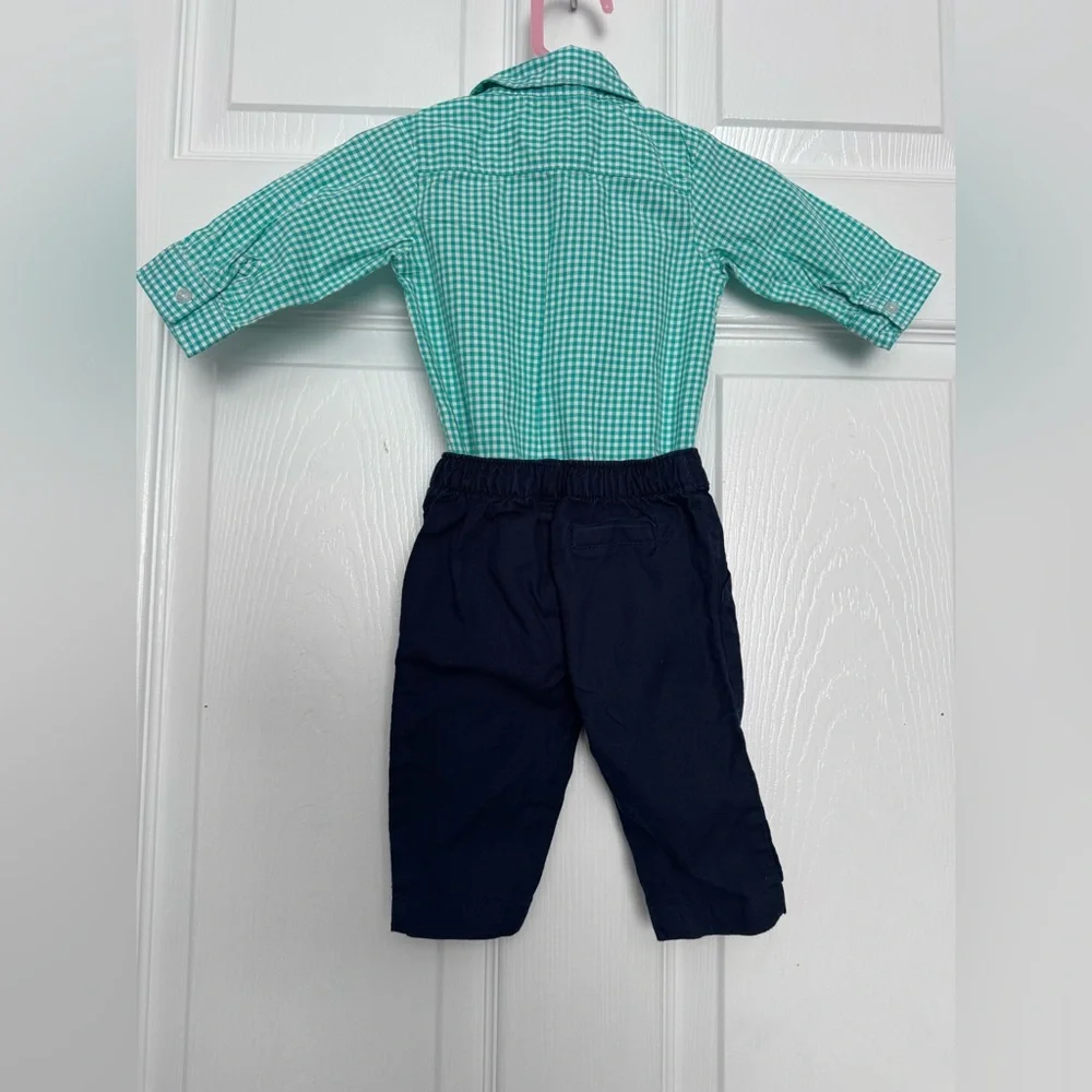 Carter's Baby Boy 3M Green Gingham Dress Shirt Navy Pants Bow Tie 3 Piece Set